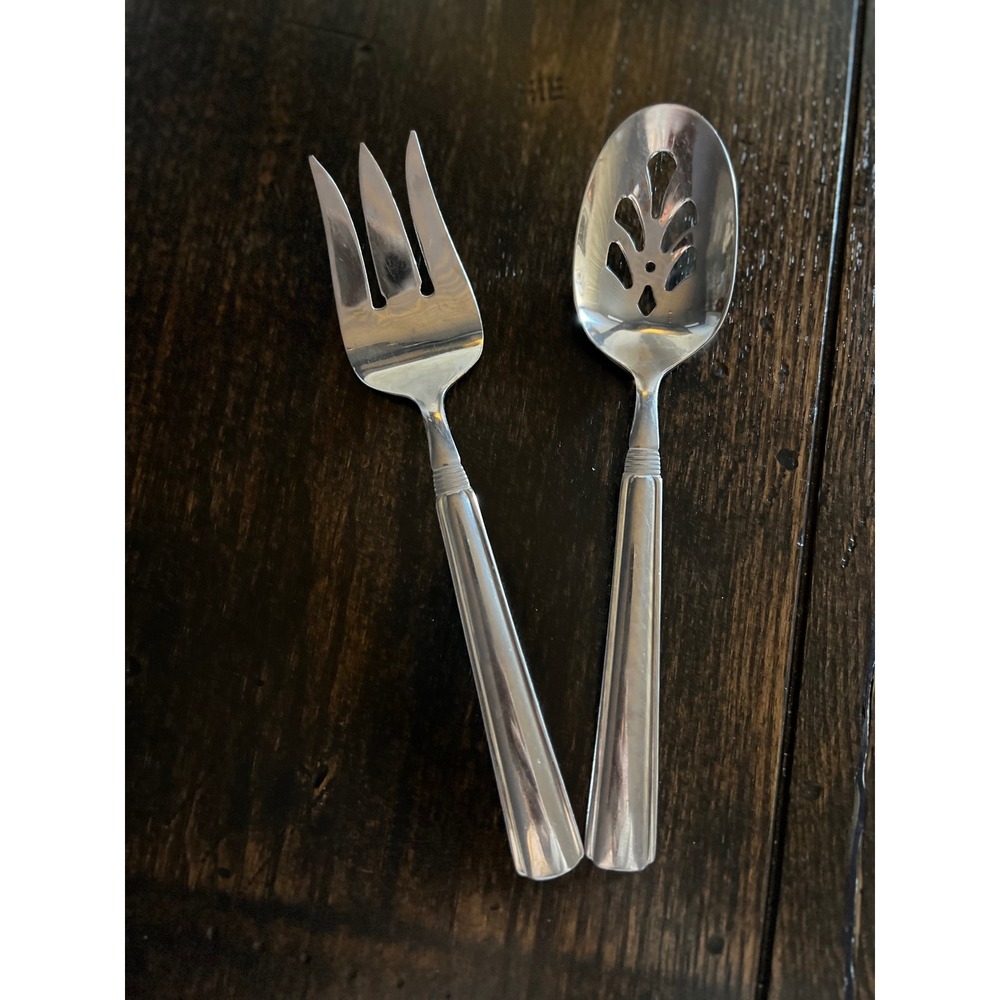 Pfaltzgraff Stainless Steel Serving Set Slotted Spoon & Cold Meat Fork Ribbed